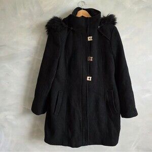 Calvin Klein Wool Blend Detachable Fur Hood Zip Coat Parka Black Gold Sz XL